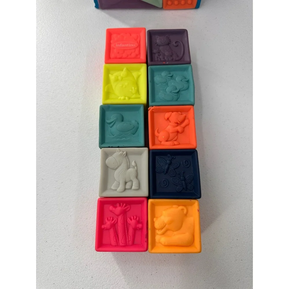 B Baby Soft Squeeze Blocks Building Toy Set Animals Letters Shapes Nursery Bag